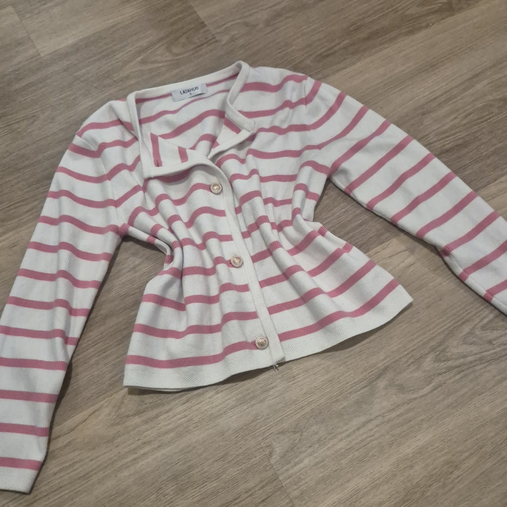 Elegant Pink and White Striped Cardigan